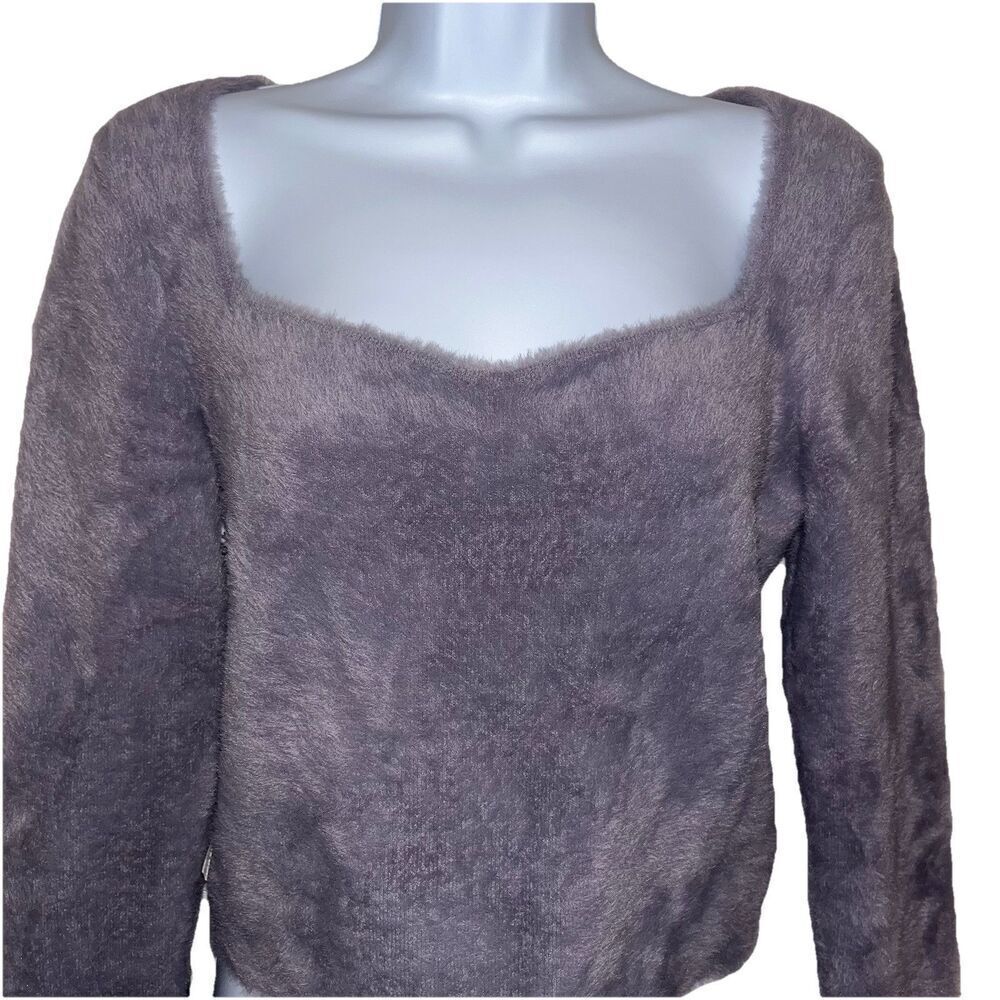 Aritzia Sunday Best Medium Elsie Long Sleeve Sweater Crop Top Women Gray Fuzzy - Picture 4 of 16